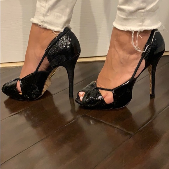 L.A.M.B. Shoes - L.A.M.B Black patent leather lace cage heels